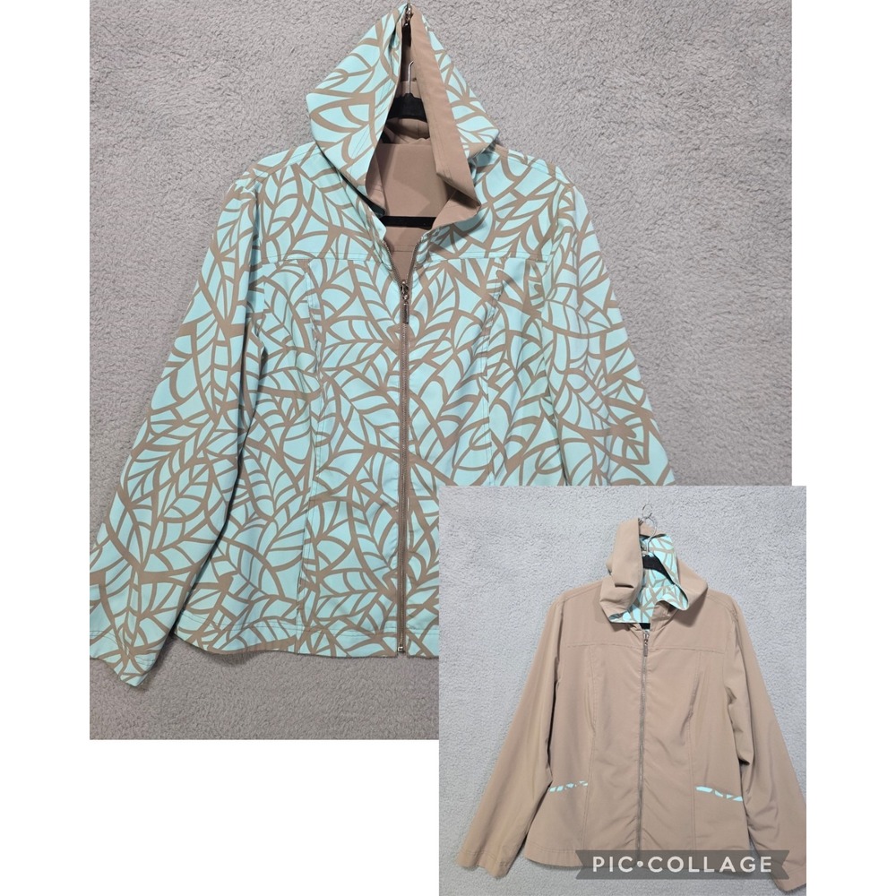 Peck & Peck Weekend Reversible Jacket XL Tan Turquoise Full Zip Pockets Hooded